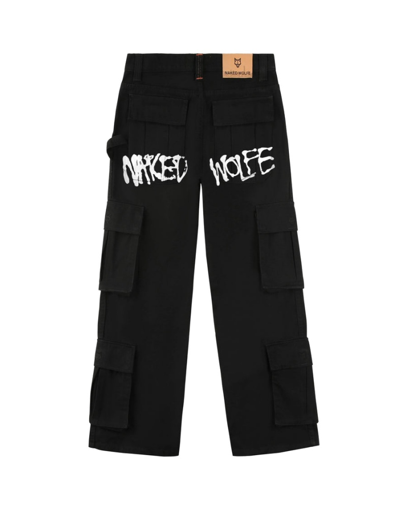 Black Naked Wolfe Baggy Pocket Cargo Logo Men's Pants | HZU3929VN