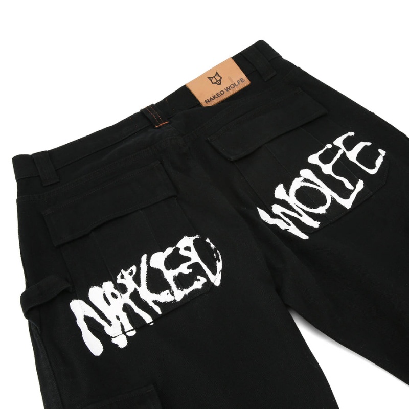 Black Naked Wolfe Baggy Pocket Cargo Logo Men's Pants | HZU3929VN