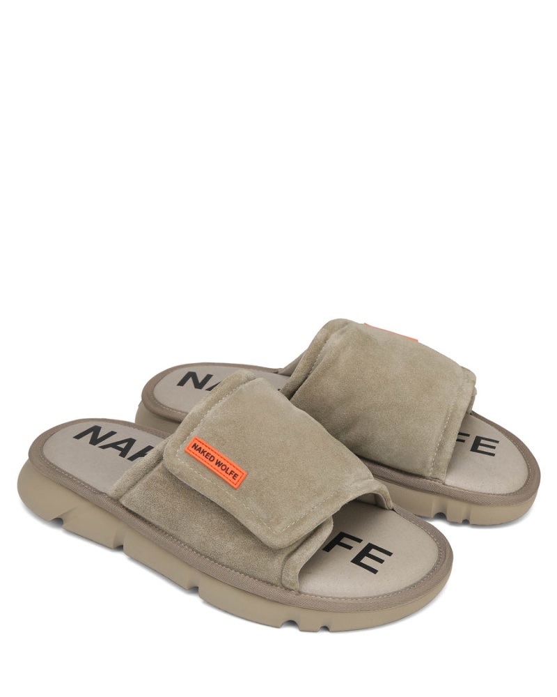 Grey Brown Naked Wolfe Alaska Suede Men's Slides | FLF8276NV