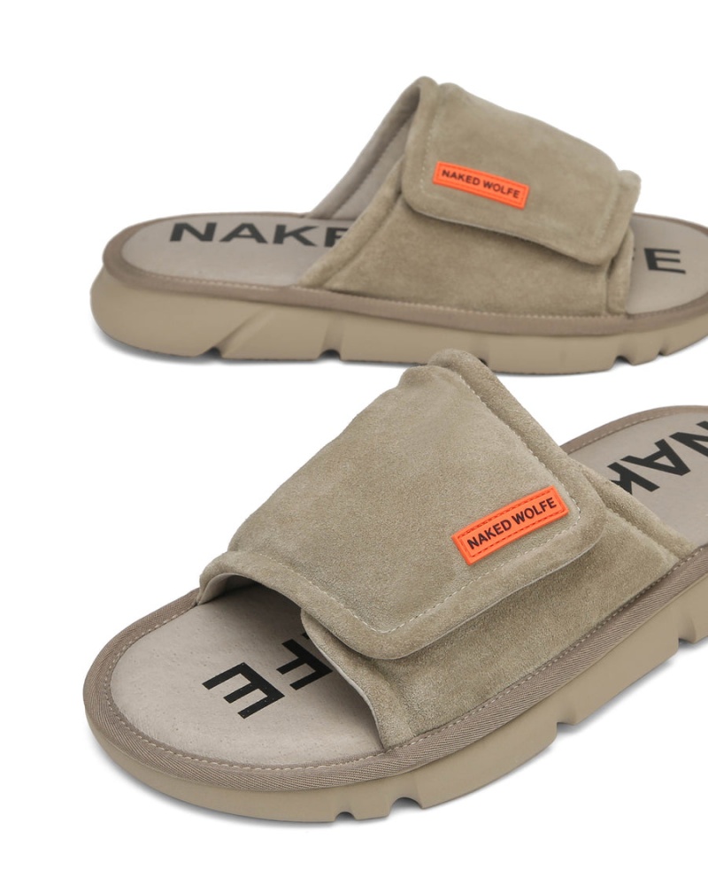 Grey Brown Naked Wolfe Alaska Suede Men's Slides | FLF8276NV