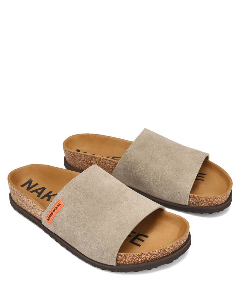 Grey Brown Naked Wolfe Moody Suede Men's Slides | EJU6874WJ