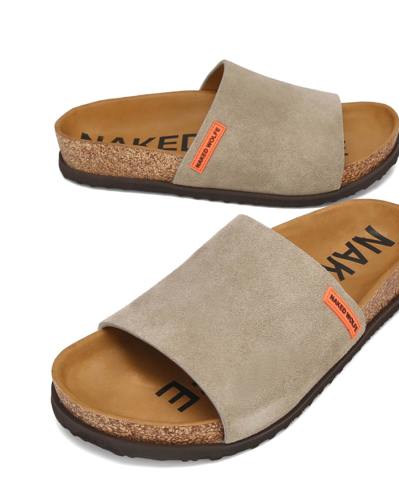 Grey Brown Naked Wolfe Moody Suede Men's Slides | EJU6874WJ